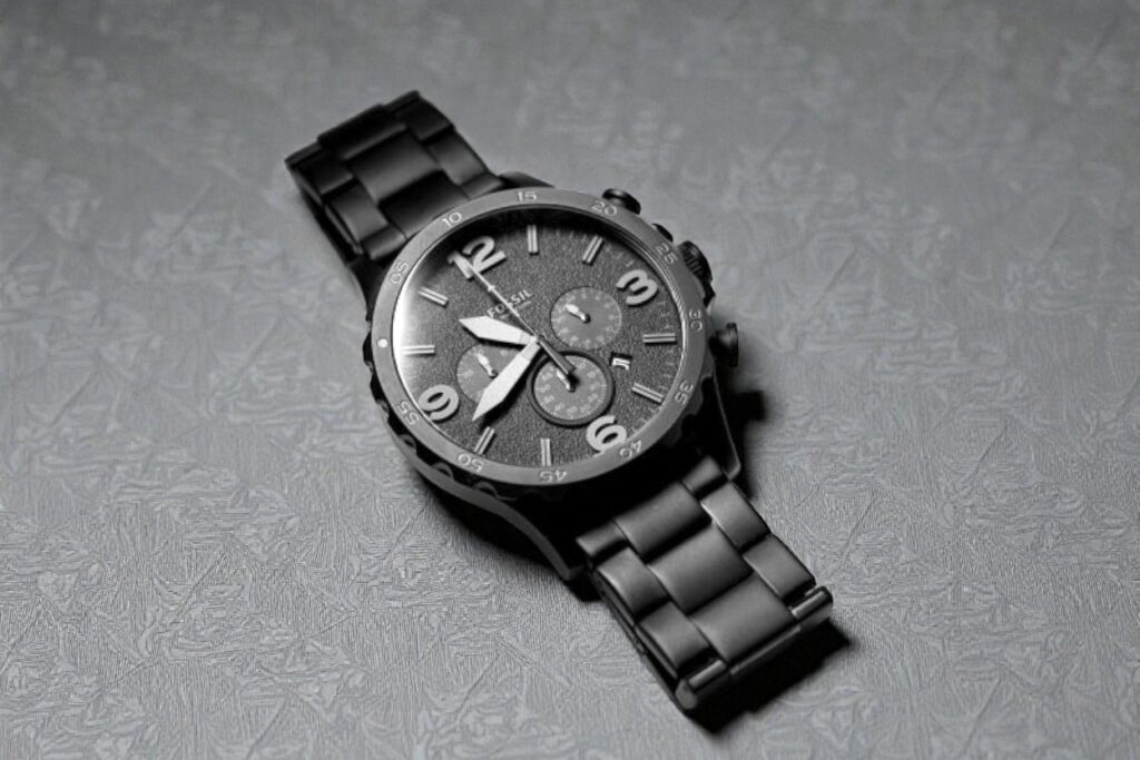 A Fossil matte wristwatch with a bold round face, gray numerals, and chronograph dials rests on a textured gray surface.