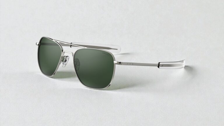 Randolph Engineering silver aviator sunglasses with dark green lenses on a light gray background.