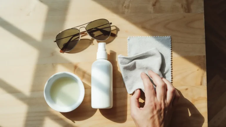 An overhead shot of various sunglasses cleaning supplies, including a bottle of cleaner, a soft cloth with a human hand resting on it, and soap in a small white bowl, all arranged neatly.