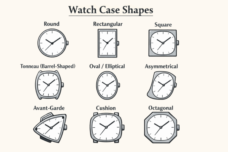 Diagram showing nine watch case shapes: round, rectangular, square, tonneau, oval, asymmetrical, avant-garde, cushion, and octagonal.