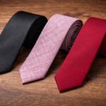 Three skinny neckties on a wooden surface: black, pink, and red. They are neatly rolled.