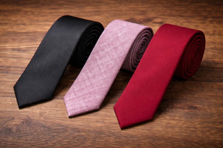 Three skinny neckties on a wooden surface: black, pink, and red. They are neatly rolled.