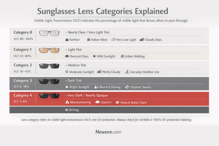 A chart titled "Sunglasses Lens Categories Explained" details five categories based on Visible Light Transmission (VLT). Categories range from 0 (80-100% VLT, nearly clear lenses for indoor wear) to 4 (3-8% VLT, very dark for mountaineering). Each category specifies suitable conditions, like cloudy days or bright sunlight.