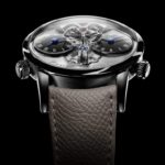 MB&F Legacy Machine futuristic watch with metallic accents, and a textured leather strap on a black background.