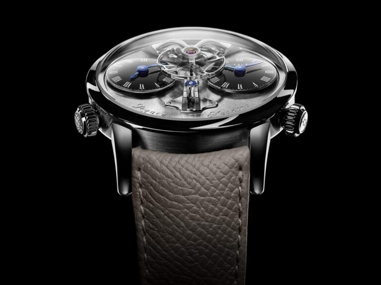 MB&F Legacy Machine futuristic watch with metallic accents, and a textured leather strap on a black background.