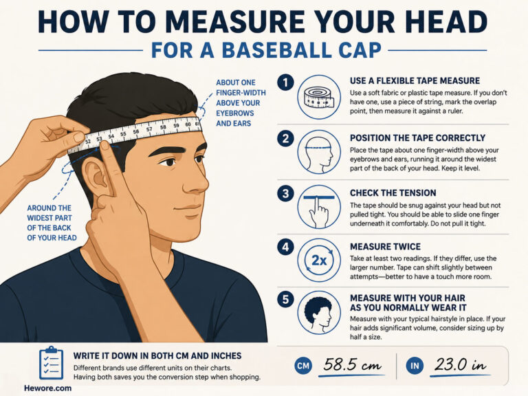 Illustration showing how to measure head size for a baseball cap, with a man using a flexible tape around head. Includes step-by-step instructions and tips.