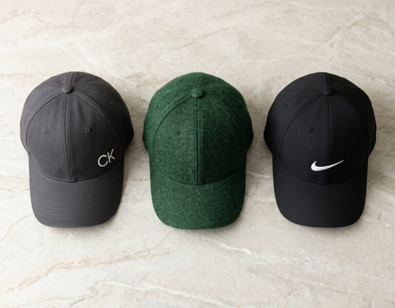Three baseball caps made of cotton, wool, and polyester are displayed on a textured surface: a grey cap with a CK logo, a green cap in the center, and a black cap with a white swoosh logo.