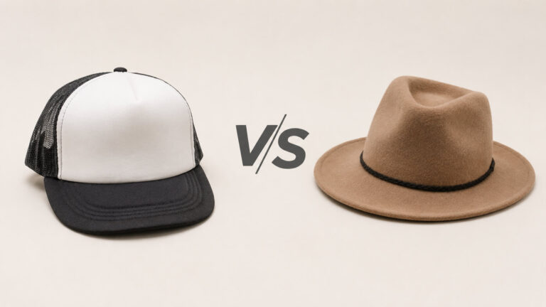 A black and white mesh baseball cap is on the left, and a brown felt fedora hat is on the right. "V/S" is centered between them, indicating contrast.