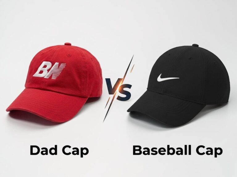 Red dad cap with "BN" logo and black baseball cap with a white swoosh face off. "VS" in bold separates them, capturing a playful comparison.