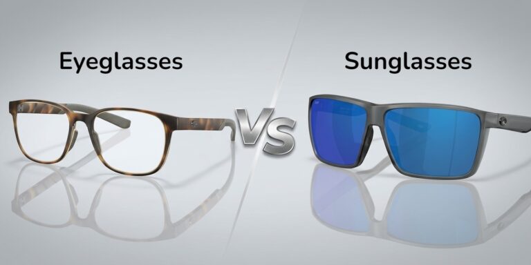 Comparison image of eyeglasses and sunglasses on a sleek, reflective surface. Eyeglasses on the left are brown and clear-lensed; sunglasses on the right have blue-tinted lenses.