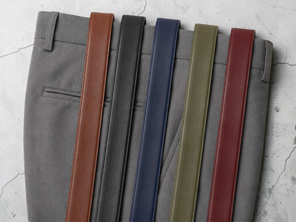 A pair of gray trousers is laid out with five leather belts of different colors: brown, black, blue, olive, and burgundy, arranged neatly across them.