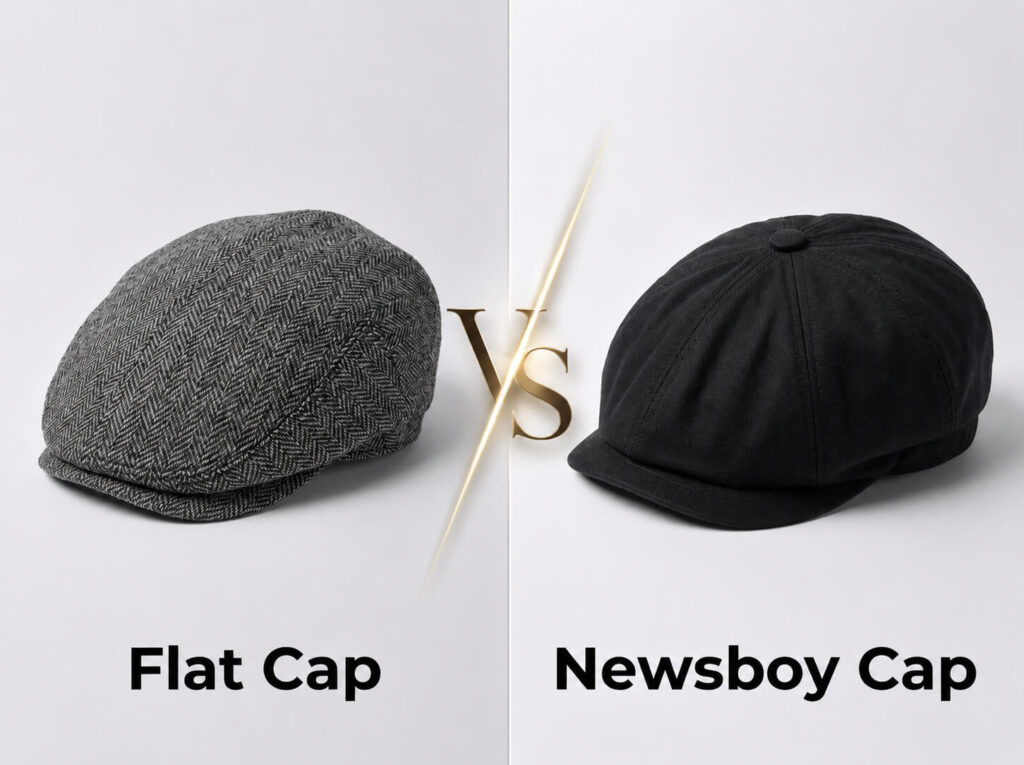 Split image showing a gray herringbone flat cap on the left and a black newsboy cap on the right, separated by a "Vs" in the center.
