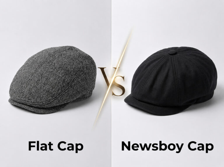Split image showing a gray herringbone flat cap on the left and a black newsboy cap on the right, separated by a "Vs" in the center.
