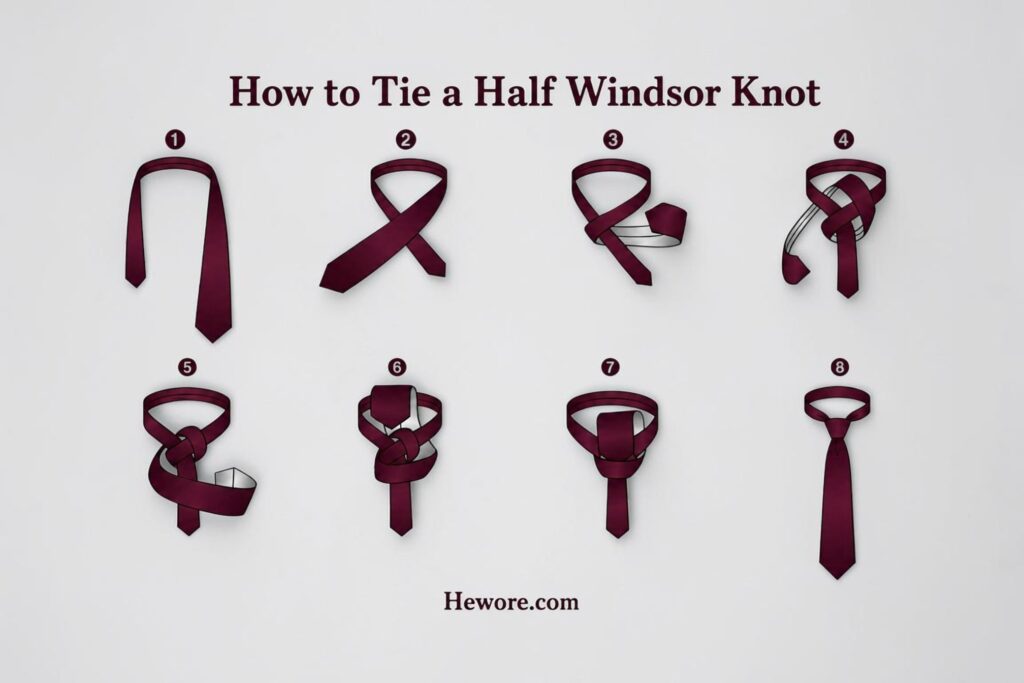 Steps to tie a Half Windsor knot using a burgundy tie, shown in eight illustrated sequences, starting from draping to the completed knot.