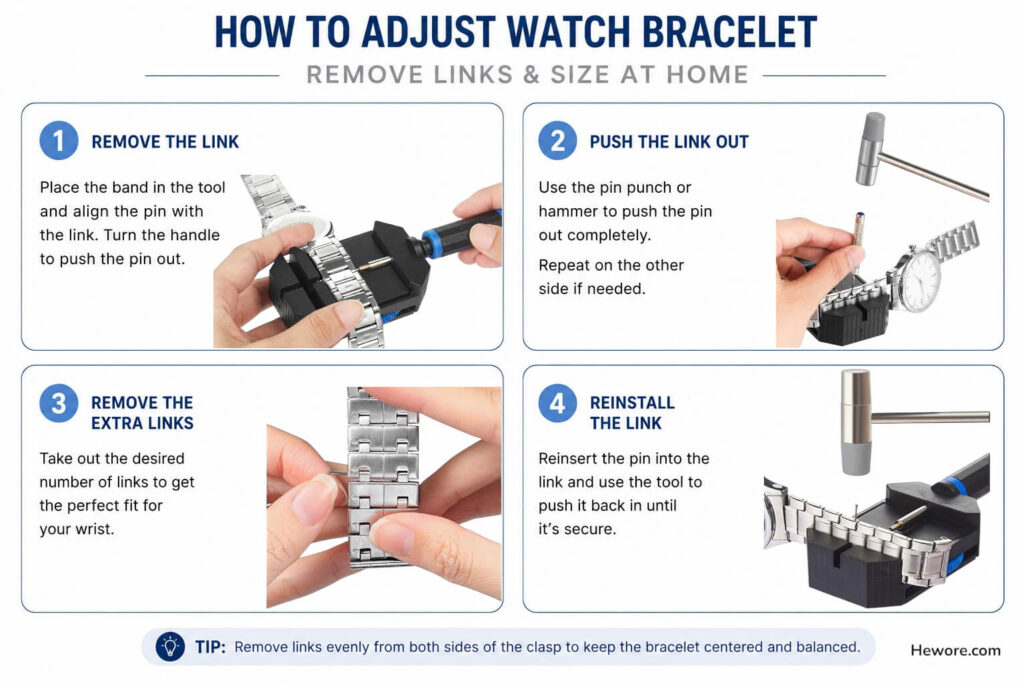 Instructional guide on adjusting a watch bracelet: 1) Remove link using a tool. 2) Push link out with pin punch. 3) Remove extra links. 4) Reinstall link securely. Visuals show tools and hands in action, emphasizing a do-it-yourself tone.