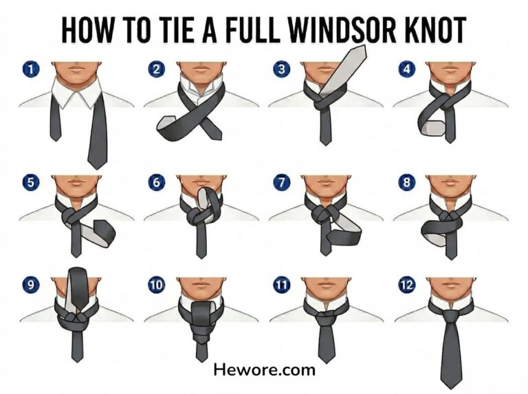 Illustration of 12 steps showing how to tie a Full Windsor knot. Each step depicts the sequence for arranging a tie around a shirt collar.