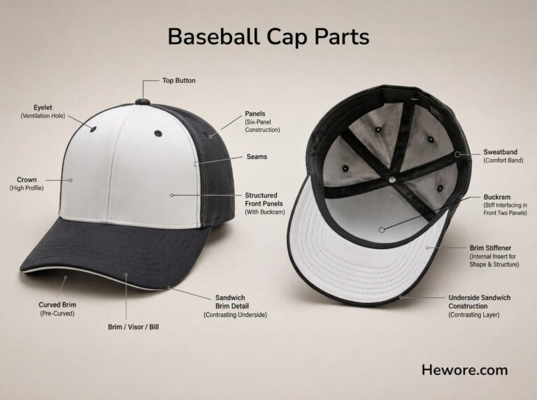 Illustration of a baseball cap with labeled parts, including top button, panels, seams, eyelet, crown, brim, and sweatband. The cap is shown from the side and underside, highlighting its structure and features.