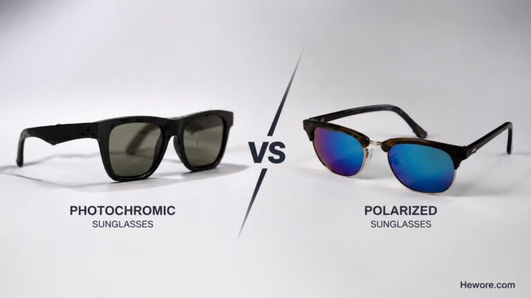 Split image compares photochromic and polarized sunglasses on a white background. Photochromic are black with gray lenses; polarized have blue lenses. "VS" is centered.