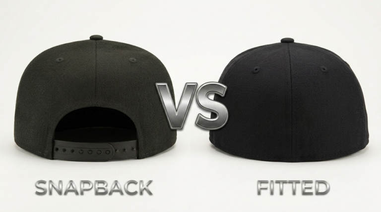 Two black caps side by side: a snapback with an adjustable strap and a fitted cap without. Bold "VS" text in the center highlights the comparison.