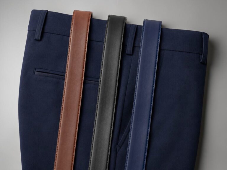 Navy blue pants on a flat surface with three leather belts in brown, black, and navy draped across.