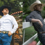 Two men in cowboy attire. Left: wearing a white shirt, black hat, and western belt stands by a rusty tractor. Right: in a dark shirt, straw hat, and western belt leans on a fence.