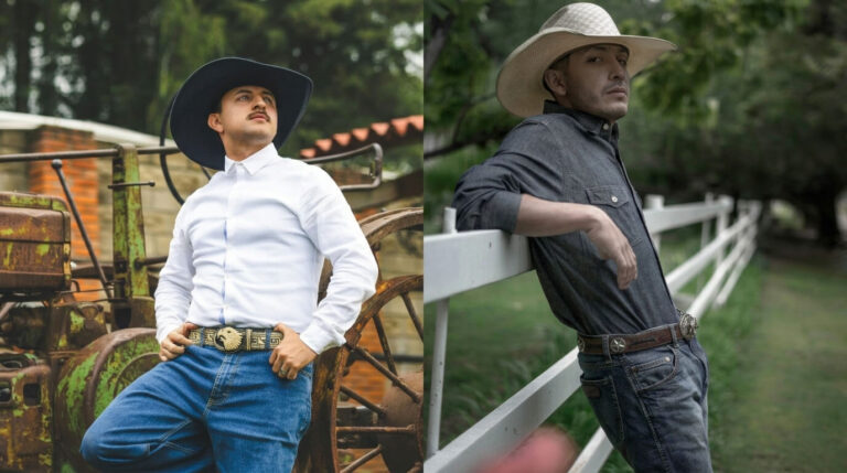 Two men in cowboy attire. Left: wearing a white shirt, black hat, and western belt stands by a rusty tractor. Right: in a dark shirt, straw hat, and western belt leans on a fence.