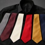 A black shirt is laid flat with six colorful ties arranged on top. Ties are gray, burgundy, ivory, red, gold, and navy, creating a vibrant contrast.