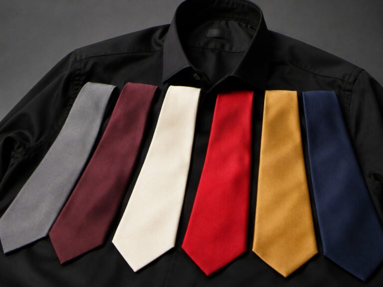 A black shirt is laid flat with six colorful ties arranged on top. Ties are gray, burgundy, ivory, red, gold, and navy, creating a vibrant contrast.