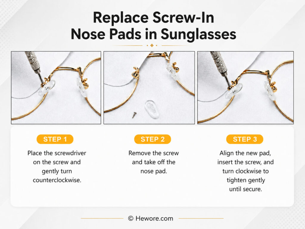 Instructions for replacing screw-in nose pads on sunglasses in three steps with images. Step 1: Use a screwdriver to turn screw counterclockwise. Step 2: Remove screw and nose pad. Step 3: Align new pad, insert screw, and turn clockwise to secure.