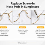 Instructions for replacing screw-in nose pads on sunglasses in three steps with images. Step 1: Use a screwdriver to turn screw counterclockwise. Step 2: Remove screw and nose pad. Step 3: Align new pad, insert screw, and turn clockwise to secure.