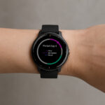A smartwatch on a person's wrist displays period tracking data, indicating "Period Day 4" with details on flow, symptoms, and mood in colored text.