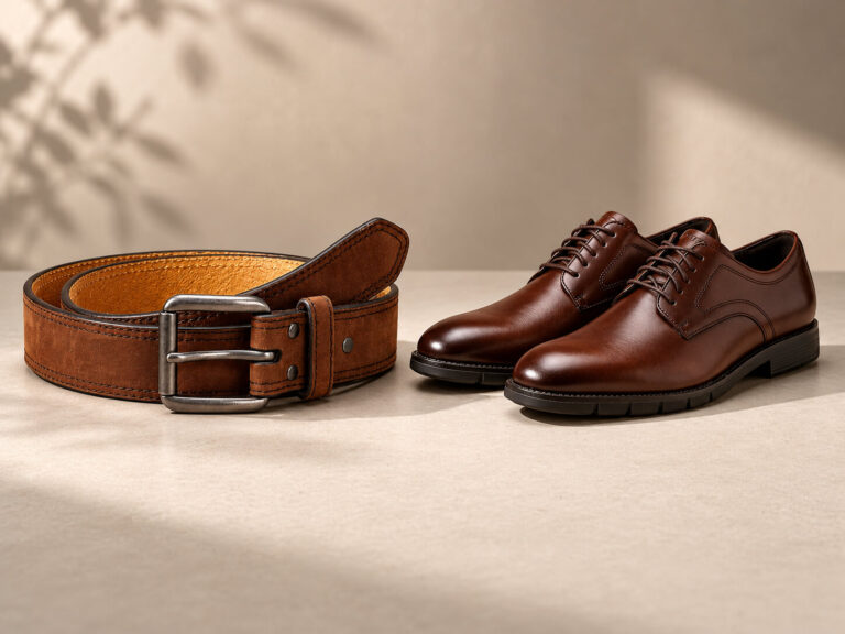 Brown leather belt with a silver buckle and matching formal shoes on a beige surface.